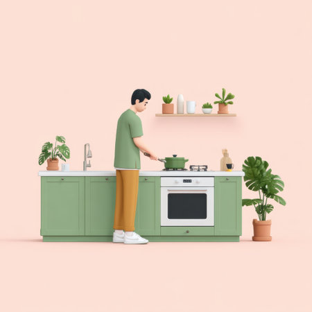 A stylish scene featuring a man engaged in cooking in a modern kitchen setup with green cabinets, surrounded by houseplants and soft pink walls, evoking warmth and creativity.の素材