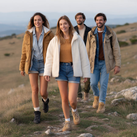 A group of friends shares a joyful moment while hiking in casual fall attire. They walk together on a scenic path, surrounded by nature and warmth of evening sunlight.の素材