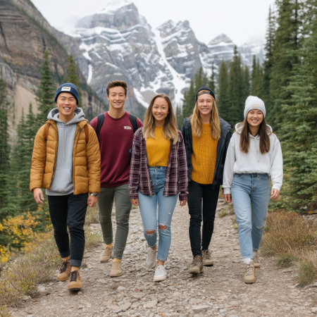 A diverse group of young adults enjoying a hike on a beautiful mountain trail. Capturing the essence of friendship, adventure, and connection with nature in the outdoors.の素材