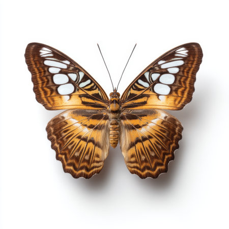 A stunning close-up of a butterfly reveals intricate patterns and vibrant colors against a clean white background, showcasing the beauty of nature and detailed artistry.の素材