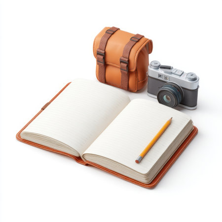 A charming travel scene featuring an open notebook, a pencil, a compact camera, and a stylish leather bag, ideal for creative thoughts and outdoor adventures.の素材