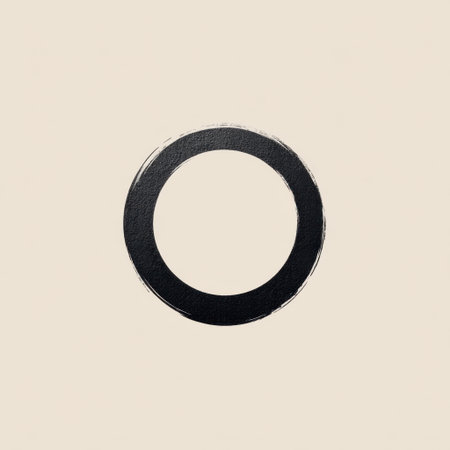 This artwork features a minimalist black circle with a rustic edge on a soft beige background, ideal for modern design projects, abstract art, and creative inspiration.の素材