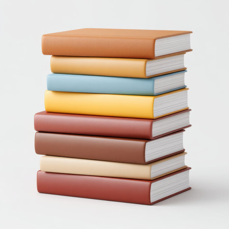A neatly arranged stack of colorful books rests on a white background, reflecting different shades and textures. This image is perfect for themes of education, reading, and home decor.の素材