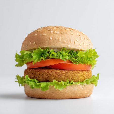 This visually appealing vegetarian burger features a sesame bun, fresh lettuce, and ripe tomato, showcasing a hearty plant-based patty perfect for healthy meals.の素材