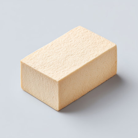 This image showcases a simple yellow sponge on a smooth light gray surface, perfect for domestic cleaning tasks and minimalistic household designs.の素材