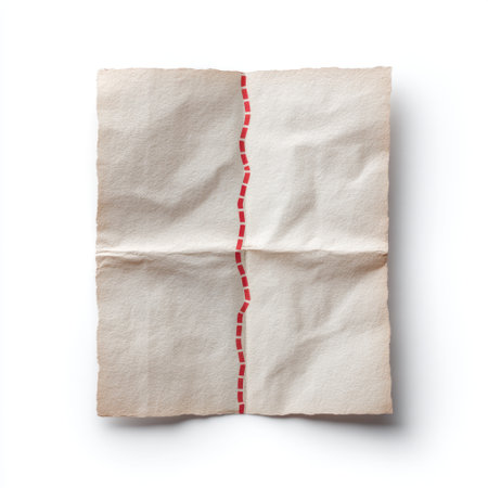 This image features crumpled textured paper with a red dashed line, offering a simple yet elegant design perfect for crafts, backgrounds, or artistic projects.の素材