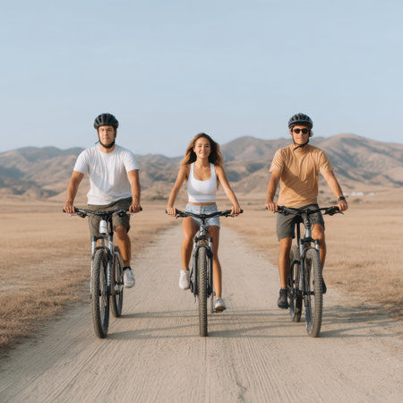 Three cyclists ride along a sunlit path surrounded by stunning landscapes on a warm day, expressing joy and adventure in the great outdoors.の素材