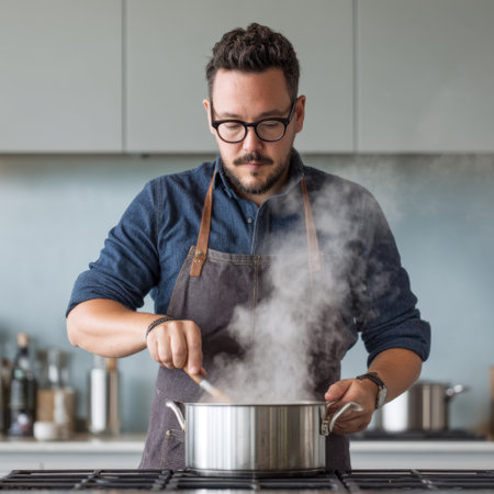 A focused man stirs a pot in a modern kitchen, creating a delicious meal. Steam rises, showcasing culinary skills and a stylish, inviting atmosphere.の素材