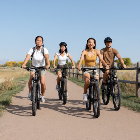 Four young adults enjoy a bike ride together, showcasing joy and camaraderie in a tranquil outdoor setting, perfect for celebrating summer adventures and healthy lifestyles.の素材