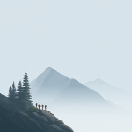 A breathtaking mountain landscape featuring hikers standing amidst a misty atmosphere, surrounded by lush trees, creating an adventurous and serene outdoor vibe.の素材