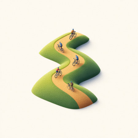 This vibrant illustration captures cyclists navigating a winding path through lush green hills, emphasizing the joy of outdoor activities and healthy living.の素材