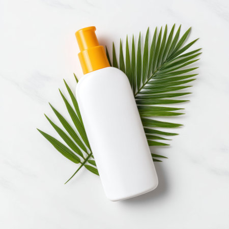 A striking image featuring a minimalistic white bottle with a yellow cap set against a marble background alongside a lush green leaf, perfect for beauty or skincare marketing.の素材