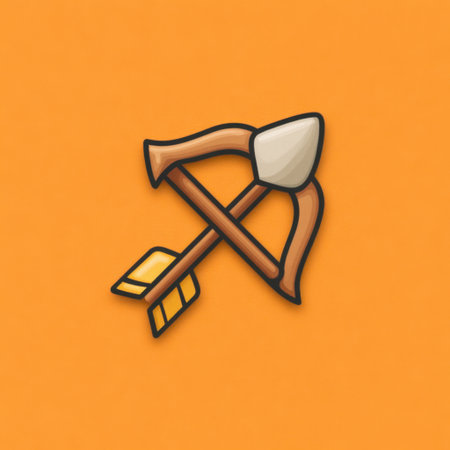Crossed illustration of a wooden axe and arrow against a bright orange backdrop, perfect for themes of adventure, outdoor activities, and creative projects.の素材
