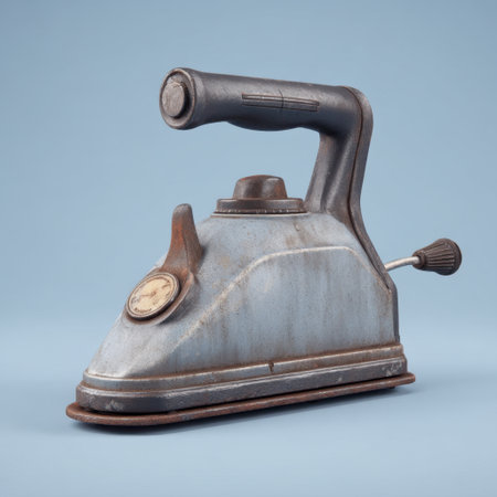 This vintage iron showcases an elegant and classic design with a rusty surface. Perfect for adding nostalgic charm to home decor or still-life photography.の素材