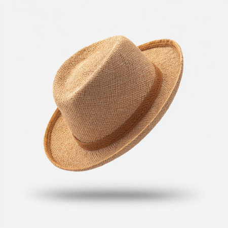 A stylish straw hat with a brown band elegantly floating against a neutral background. Ideal for summer fashion, outdoor adventures, and beach outings.の素材