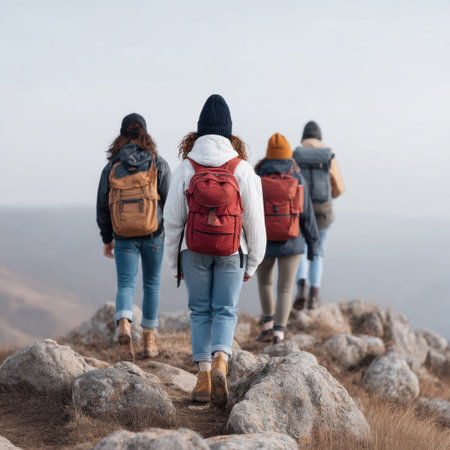 A group of four hikers walks on a rocky path, embracing the beauty of autumn and the thrill of exploration in nature's serene and majestic landscapes.の素材