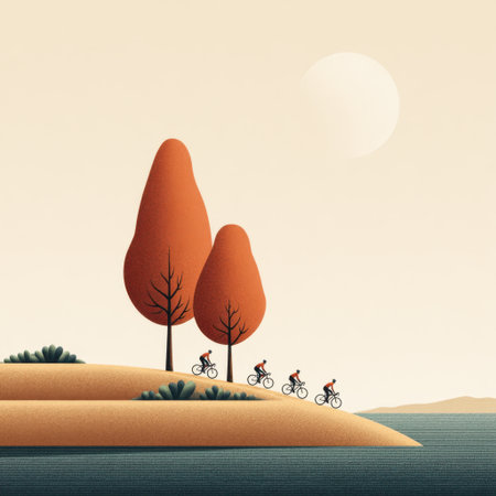 A tranquil landscape features cyclists enjoying a ride along the water's edge, framed by stylized trees and gentle sunlight, evoking peace and adventure.の素材