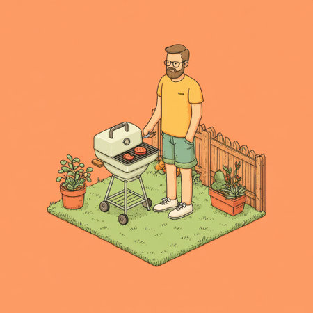 A cheerful man stands by a grill, cooking burgers in a sunny backyard full of plants. Ideal for representing outdoor dining, leisure activities, and enjoyment.の素材