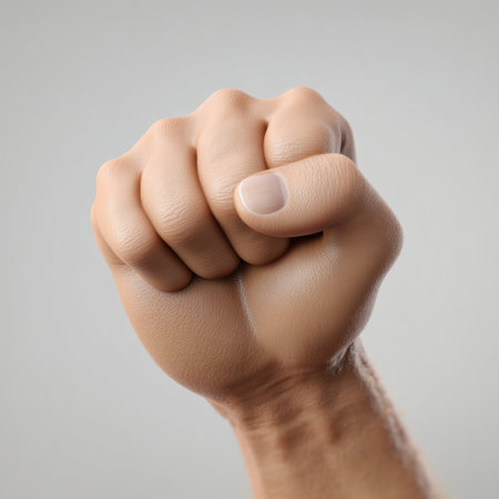 This image features a realistic representation of a clenched human fist, symbolizing strength and determination, suitable for various motivational and thematic uses.の素材