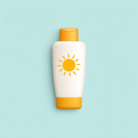 A minimalistic sun lotion bottle with a bright yellow design on a pastel blue background. Perfect for summer skincare, beach looks, and sun protection themes.の素材