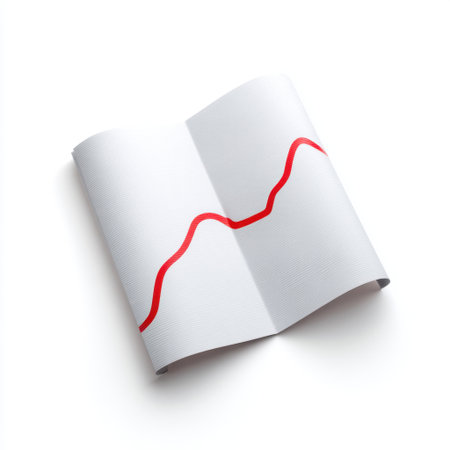 A visually appealing abstract artwork featuring a sheet of paper with a bold red line on a pristine white background, symbolizing trends and progress in a modern context.の素材
