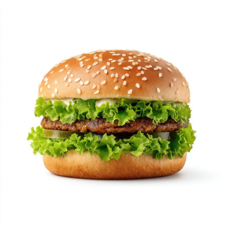 A vibrant burger featuring crisp lettuce, savory pickles, and a juicy beef patty nestled in a sesame seed bun. Ideal for food lovers and recipes.の素材