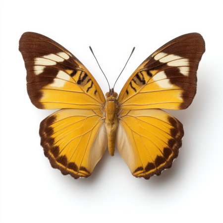 This image features a stunning yellow butterfly displaying intricate patterns of brown and cream on a pristine white background, capturing the beauty of nature.の素材