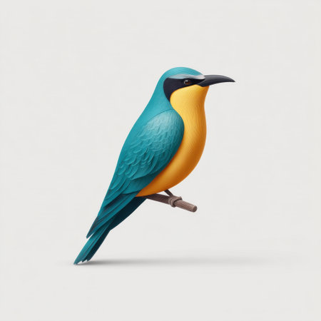 A stunning illustration of a vibrant bird with colorful turquoise and yellow feathers perched gracefully on a branch, perfect for nature-themed designs.の素材