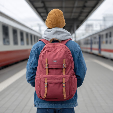 A young adult in casual attire stands at a train station platform with a backpack, embodying excitement for travel and adventure in an urban environment.の素材