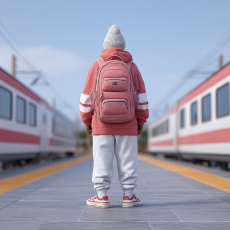 A child stands at a train station, wearing a pink backpack, eagerly waiting for their train. The lively scene captures the spirit of adventure and youthful anticipation.の素材