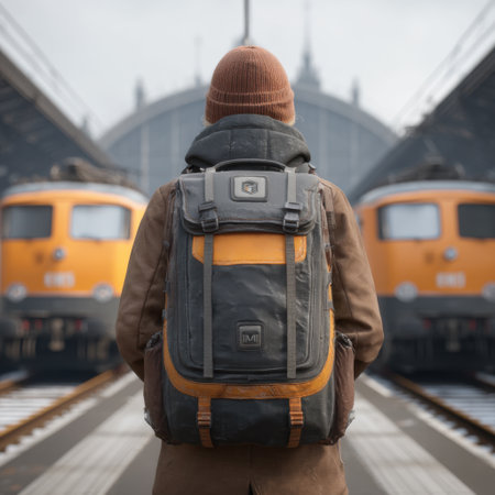 A person stands at a train station platform, gazing towards vintage trains. The scene captures the essence of urban travel, adventure, and anticipation for a journey.の素材