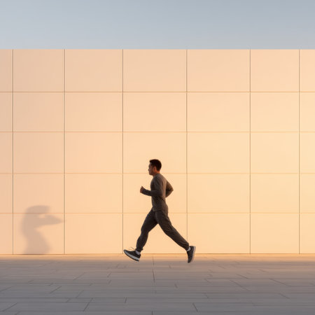 A man engages in a running workout in a contemporary urban setting, showcasing minimalist architecture. The soft light and dynamic shadows create an inspiring atmosphere.の素材