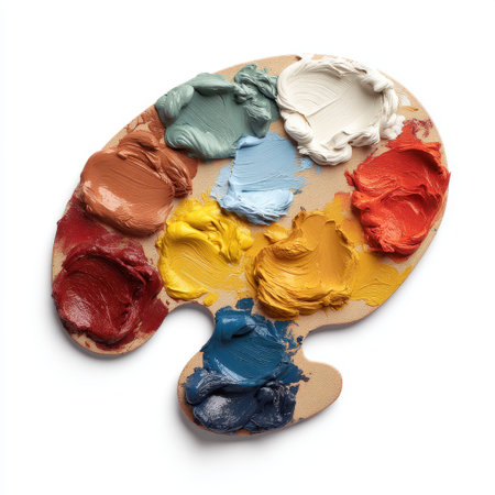 A vibrant artist palette featuring an array of colorful paint blobs arranged on a wooden base, perfect for inspiring creativity and artistic projects.の素材