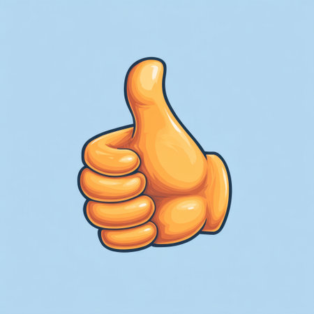 This playful cartoon thumb up illustration represents approval and positivity, featuring a stylized hand on a soft blue background, perfect for digital and print use.の素材