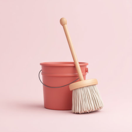 A soft pink cleaning bucket paired with a mop, enhancing the aesthetic of household chores in a minimalistic setting, perfect for modern home cleaning and organization.の素材