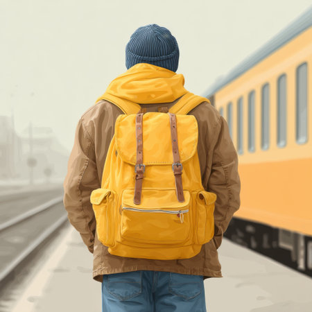 A young traveler dressed in casual attire stands on a train platform, looking forward with a yellow backpack and blue beanie. The vibrant orange train adds to the atmosphere.の素材