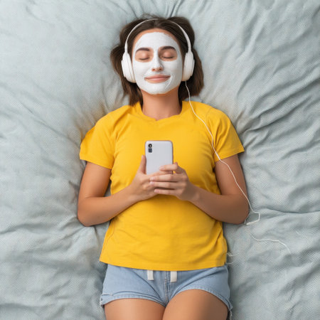 A young woman enjoys a serene moment at home while listening to music, wearing a facial mask, and relaxing with her smartphone in a cozy atmosphere.の素材