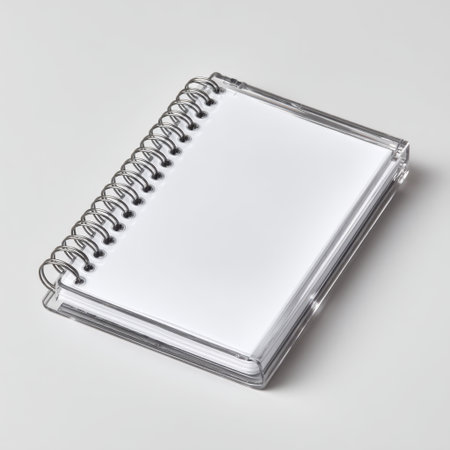 A clear plastic spiral notebook with blank pages ideal for writing, creating, or planning. It sits elegantly on a light gray surface, showcasing simplicity and versatility.の素材