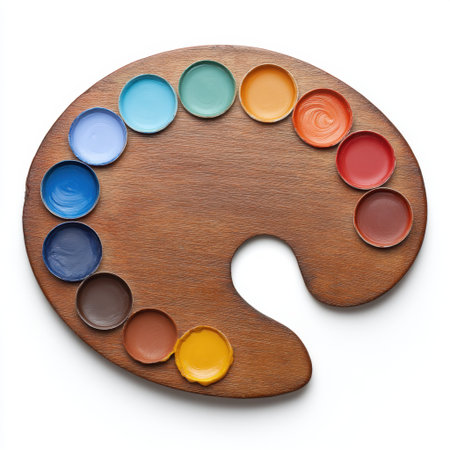 A wooden palette displays an array of colorful paint arranged in a circular design, ideal for artists and enthusiasts seeking inspiration for their next creative project.の素材