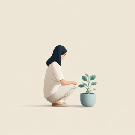 This illustration features a young woman crouching next to a green potted plant, embodying tranquility and a connection to nature in a cozy indoor setting.の素材