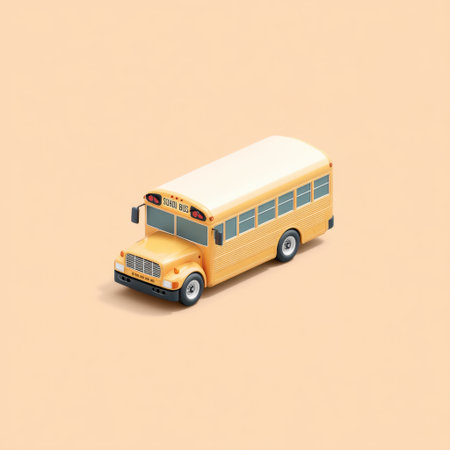 A charming yellow school bus toy designed for educational play, surrounded by a minimalist backdrop. Perfect for evoking themes of childhood and learning.の素材