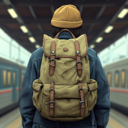 A young individual stands at a train station, adorned in casual wear with a stylish backpack and a beanie, embodying a spirit of travel and adventure.の素材