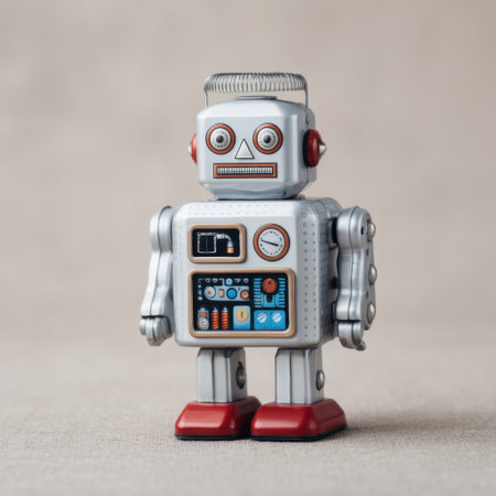 This charming vintage toy robot showcases a playful and nostalgic design, featuring a metallic finish and intricate details, perfect for collectors and enthusiasts.の素材