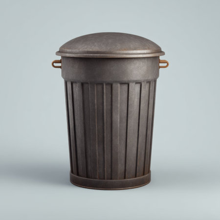 This vintage metal trash can features a sleek lid and a classic design, perfect for enhancing contemporary interiors or highlighting environmental themes.の素材