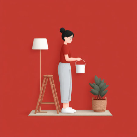 A charming young woman tends to her indoor plant with a watering can, showcasing a vibrant red backdrop with modern decor, emphasizing home gardening and lifestyle.の素材