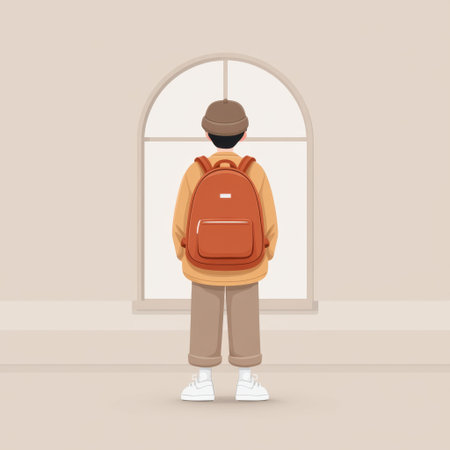 A thoughtful moment captured in a minimalistic indoor space, featuring a person in casual attire with a stylish backpack, gazing out a bright window.の素材