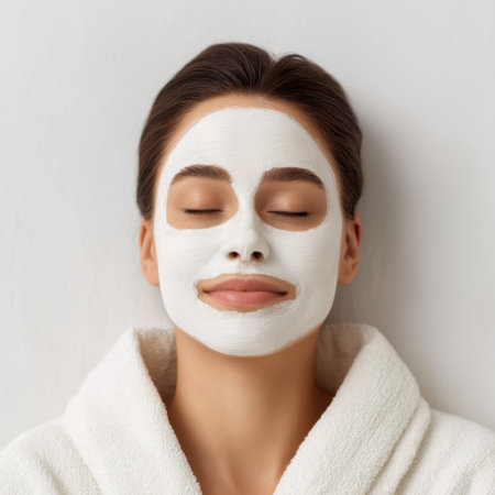 A serene scene of a woman enjoying a calming white clay face mask, embodying relaxation and self-care within a spa-like environment, perfect for beauty enthusiasts.の素材