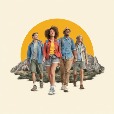 A cheerful group of friends embarks on an adventurous hike in nature, surrounded by stunning mountains and a warm sunset, embodying the spirit of exploration and camaraderie.の素材