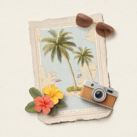 This image features a vintage travel theme with tropical palm trees and bright flowers, complemented by retro sunglasses and an old-fashioned camera on a map backdrop.の素材