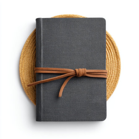 A stylish gray journal with a leather tie sits elegantly on a woven placemat, perfect for showcasing creativity and organization in a minimalist workspace.の素材